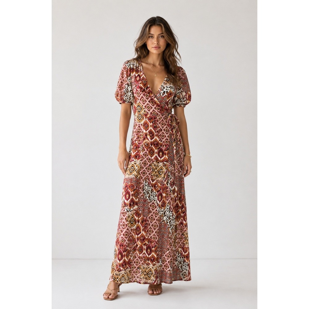 Bohme Patchwork Animal Print Maxi Dress Womens S Red V Neck Wrap Boho Cottage